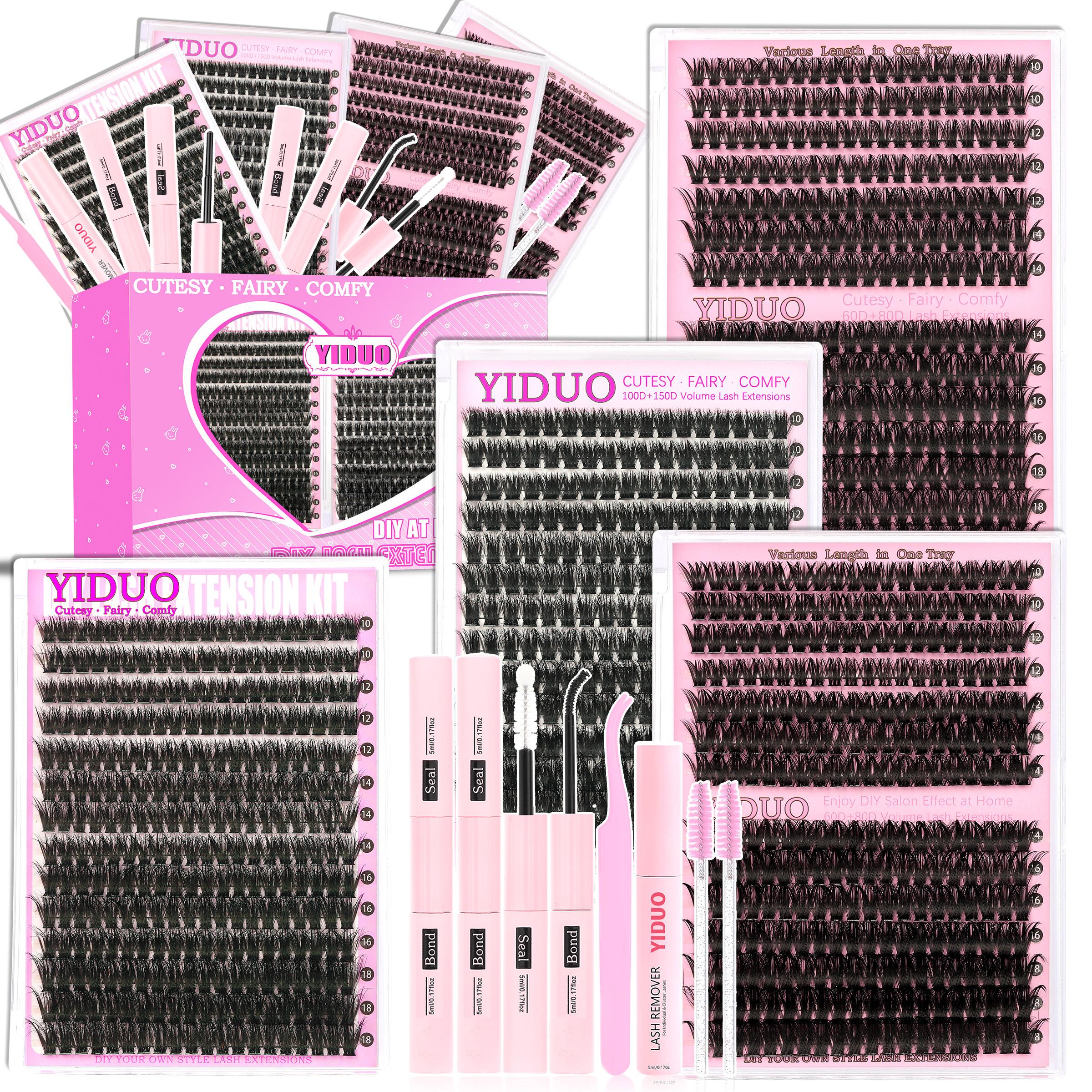 4-Style Lash Clusters Kit, 798pcs/set 10 to 18 mm D-Curl Volume Lashes Eyelash Extensions 60D/80D/100D/150D with Lash Bond and Seal, Remover, Tweezers and Brushes for Easy DIY at Home