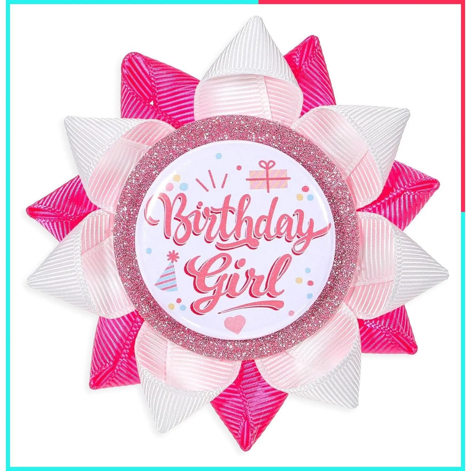 Handmade Birthday Girl Button Pins with White Hot Pink Grosgrain Ribbon, Glitter Happy Birthday Badge Pins for Women Girls Party Supplies Decorations