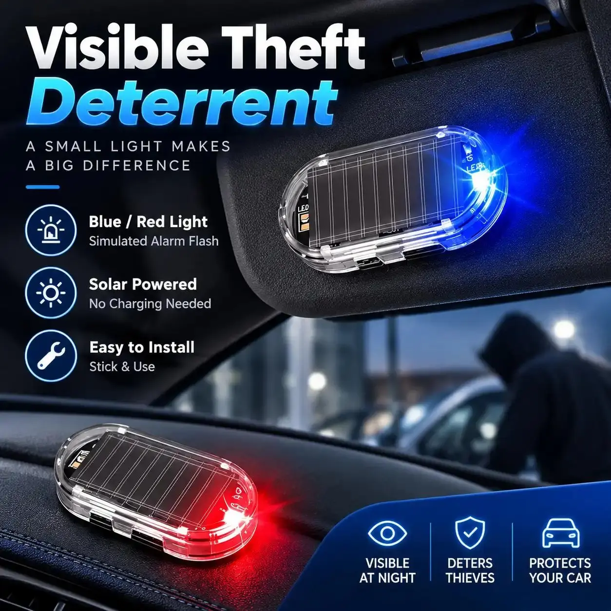 Solar Car Anti-Theft Warning Light, Smart Flashing LED Security Indicator with Auto Light Sensor, Solar Powered & USB Type-C Backup Charging, Easy Stick-On Car Dashboard Alarm Light for Cars SUVs Trucks