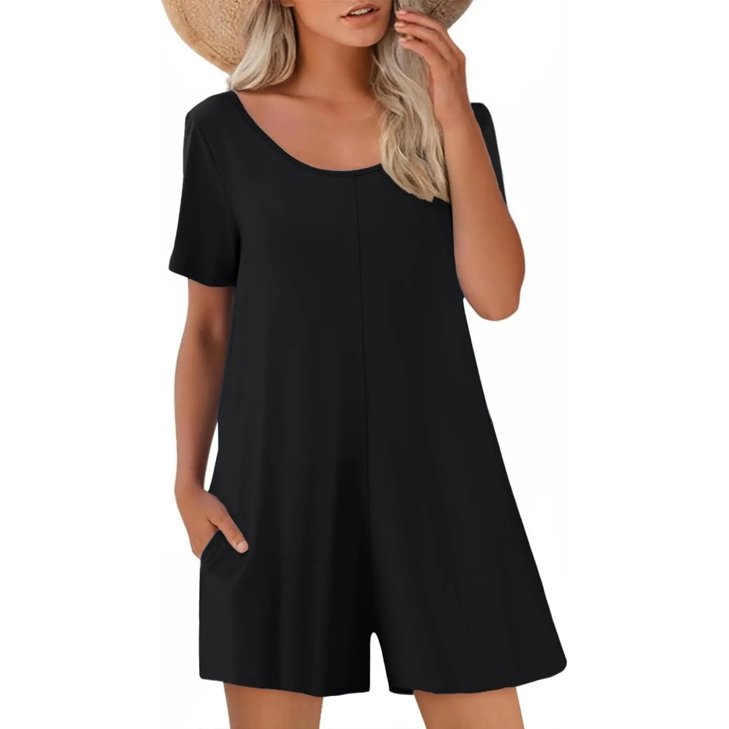 Womens Summer Casual Romper Short Sleeve Crewneck Shorts Overalls Jumpsuit with Pockets Outfits