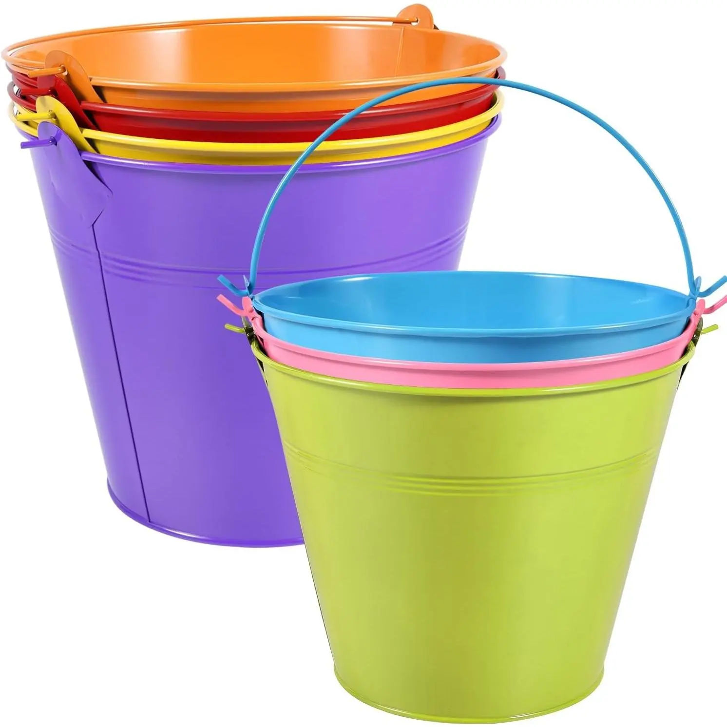 7 Pack Colorful Metal Buckets with Handle Galvanized Ice Pails for Plants, Succulents, Party Favors Organizing, Rustic Home Decor or Classrooms Pencil Storage (9.1 x 6.7 inch)