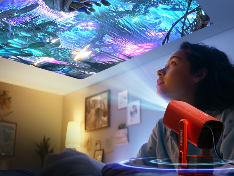 SkyEcho Portable Gimbal Projector. 270° Rotating Universal Motion Mount. Auto Focus & Keystone Correction. 4K Hardware Decoding. dual WiFi 6. Android OS. Bluetooth 5.2. Wireless Screen Mirroring & Casting.Projector for bedroom Audio