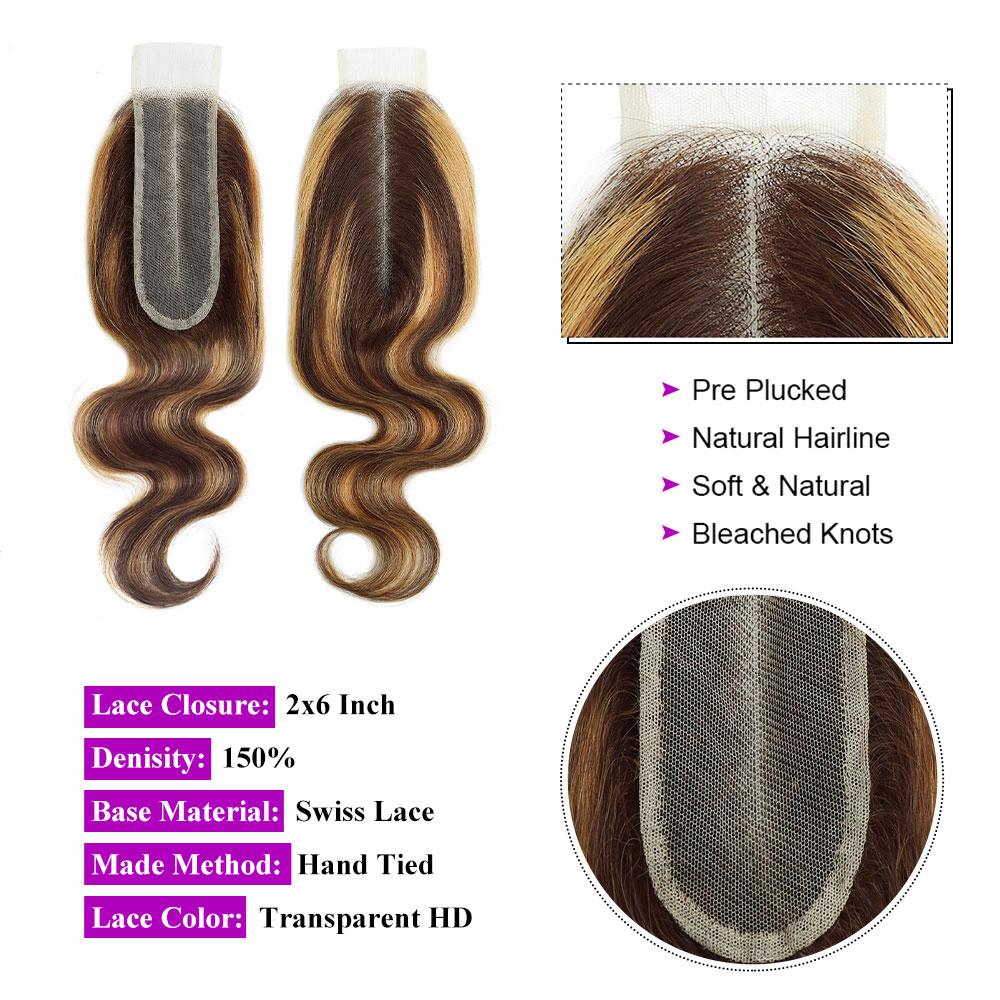 2x6 Lace Closure With Body Wave Bundles P4/27 Highlight Color Virgin Human Hair Weave Bundles With Closure 12-28 Inches