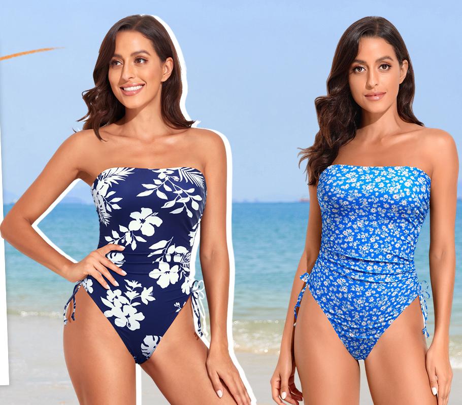 Yonique Women Strapless Tummy Control One Piece Swimsuit Bandeau Bathing Suit Cheeky Swimwear