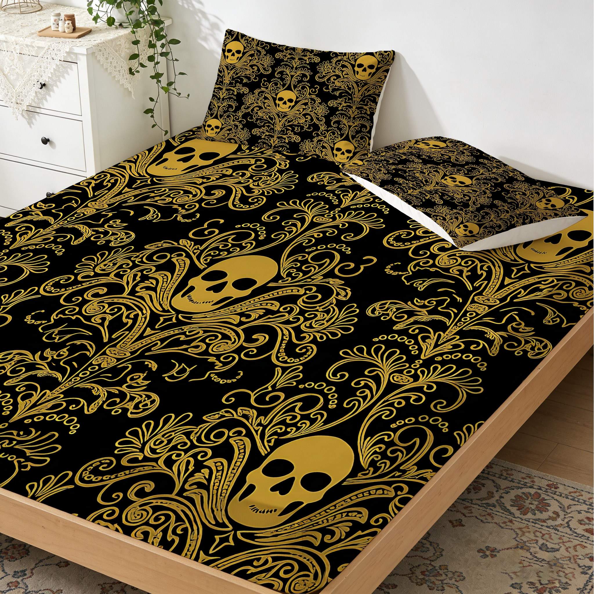 2/3 Pcs Skull Decorative Art Pattern Fitted Sheet Set(1*Fitted Sheet+1/2*Pillowcase,No Filling),High-Definition Digital Printing,Soft And Comfortable Fabric,Suitable For All Year Round,Perfect Gift For Family And Friends On Festivals!