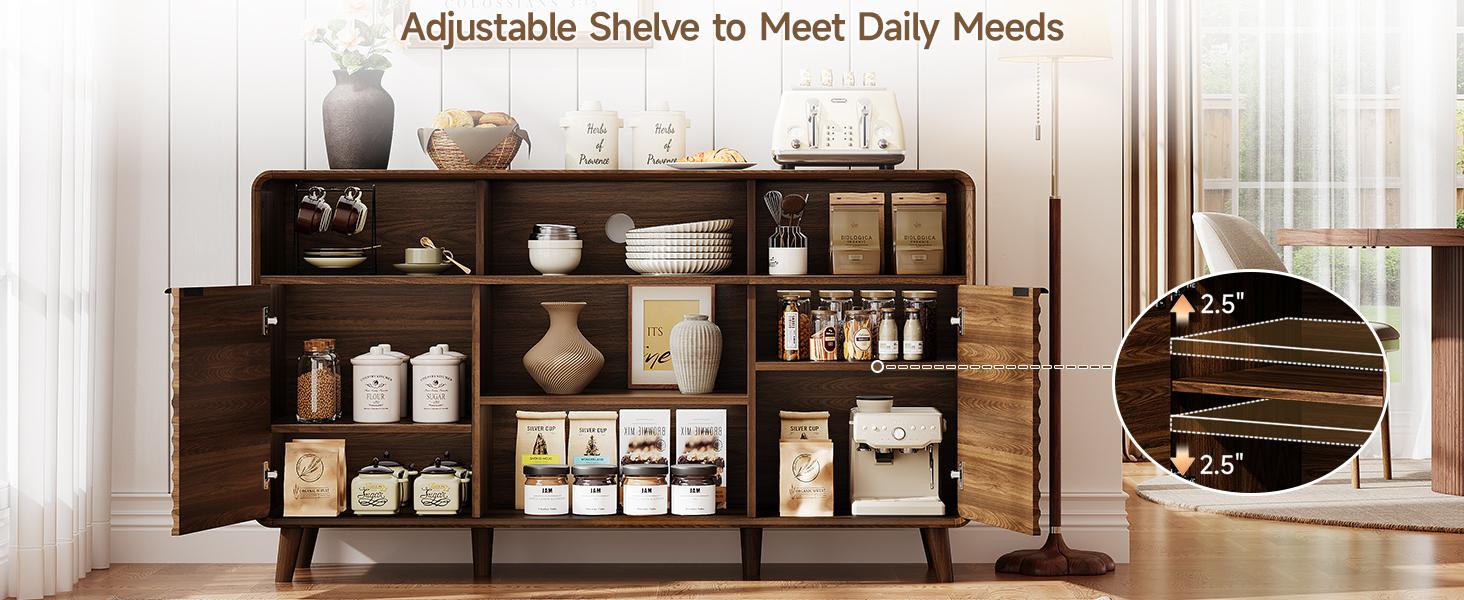 【SPOTLIGHT DAY】ONBRILL 58 Inch Curved Sideboard Buffet Cabinet w/2 Wave Doors and Open Storage Spaces, Angled Side Frame, Sideboard Storage with Adjustable Shelves, Coffee Bar Cabinet for Dining Room, Living Room 【SPOTLIGHT DAY】ONBRILL 58 Inch Curved Sideboard Buffet Cabinet w/2 Wave Doors and Open Storage Spaces, Angled Side Frame, Sideboard Storage with Adjustable Shelves, Coffee Bar Cabinet for Dining Room, Living Room