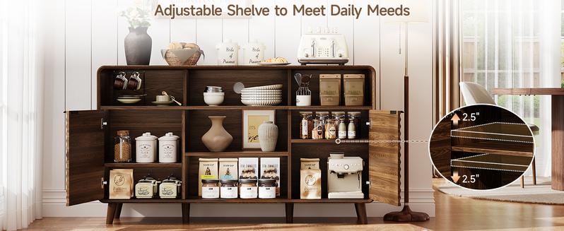 【Valentine's Day gift】ONBRILL 58 Inch Curved Sideboard Buffet Cabinet w/2 Wave Doors and Open Storage Spaces, Angled Side Frame, Sideboard Storage with Adjustable Shelves, Coffee Bar Cabinet for Dining Room, Living Room