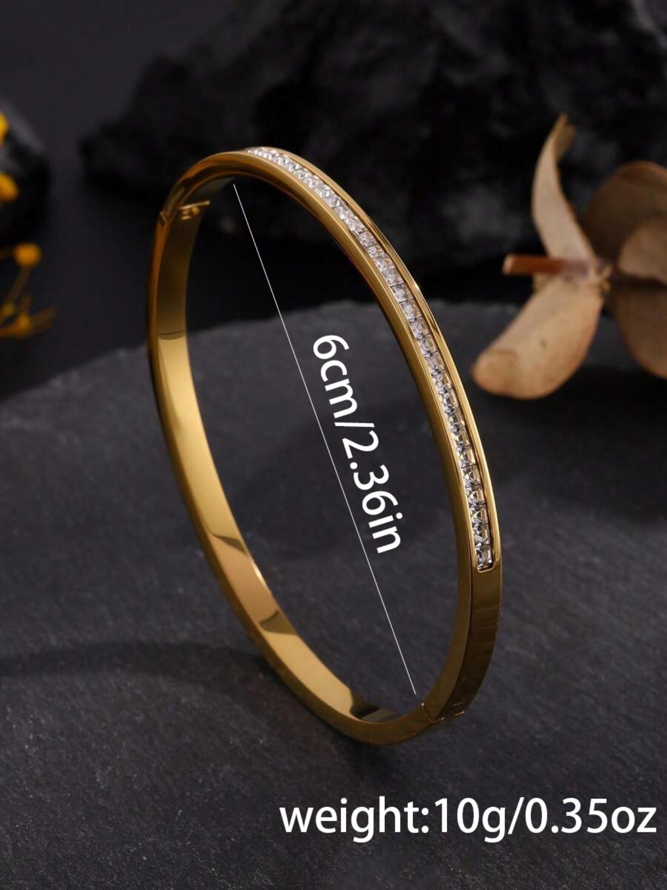 Women's 3pc Stainless Steel & 18k Heart Rhinestone Bangle Bracelet Set, Copper Inlay Artistic Design, Ideal for Daily Wear