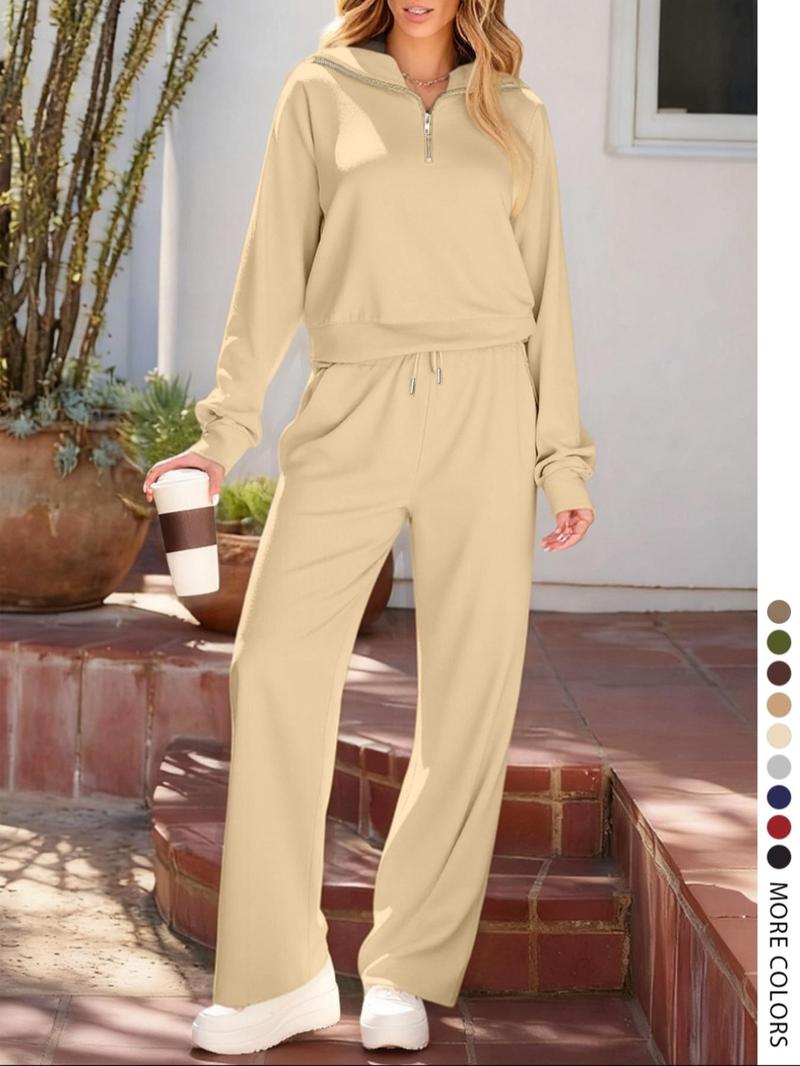Pure Color Half-Zip Shoulder Pad Sporty Top Long Pants Set, Sweatsuit Set, Casual Loose-Fitting Fall, Regular Length Plain Design