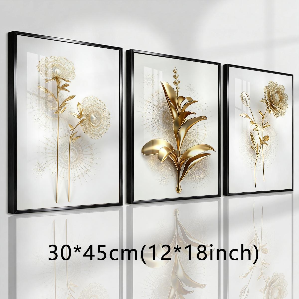 3 Counts Aluminum Alloy Framed Painting, Golden Abstract Flowers Artwork, Home Decoration For Living Room, Bedroom, Office, Restaurant, Hallway Wall Decor, Odorless Print Artwork, Luxury Perfect Gift For Friends And Family