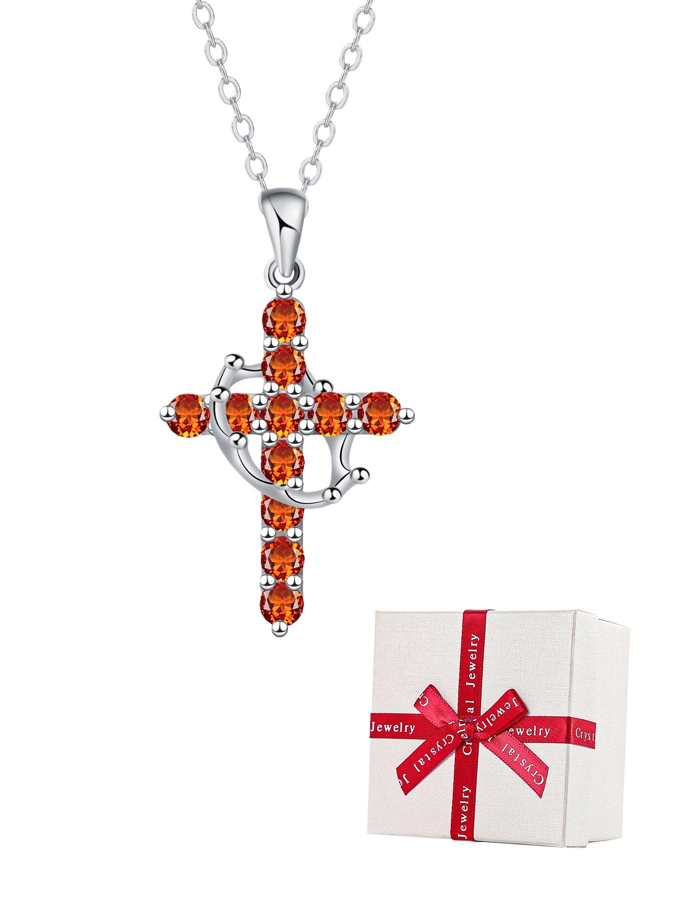Women's Cz Birthstone Crown Cross Necklace Set, Colorful Fashion Pendant Exquisite Jewelry Gift Box, Christian Wife Mom Girlfriend Faith Present