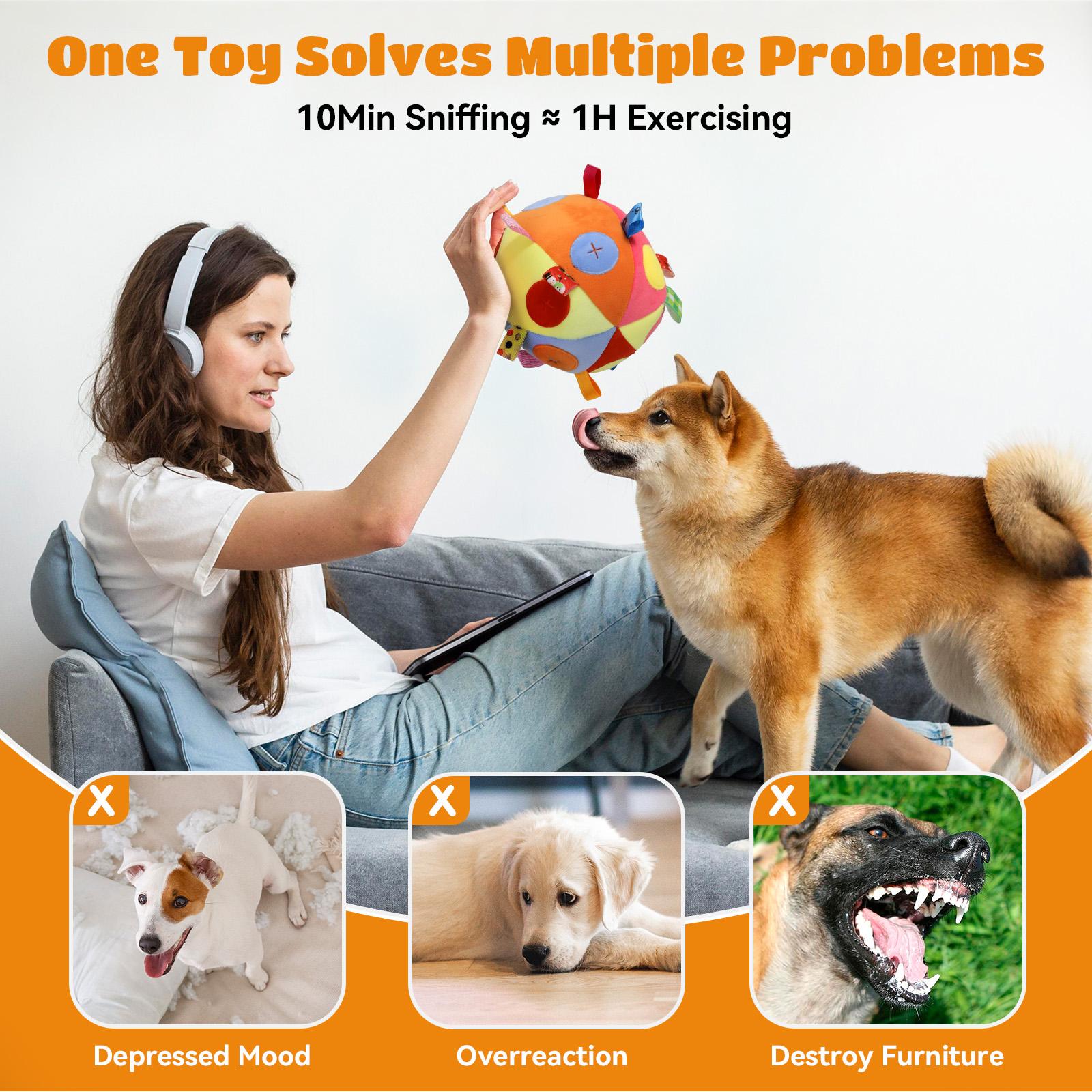 Pawaboo Dog Toy Ball, Dog Snuffle Treats Feeding Ball Toy for Slow Eating and Keep Busy, Interactive Puppy Cotton Fillings Ball Food Hidden Relieve Boredom Exercise Game IQ Training with Bell