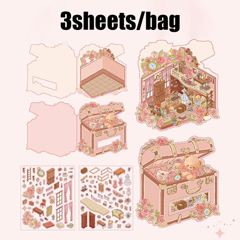 Romantic Bear Romantic House Series Scene Sticker Set, 4 Pieces, Floral Pattern Sticker, Decorative Wall Decals, Perfect for Home Decoration