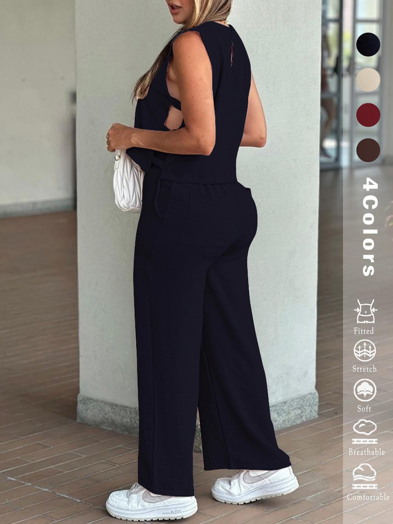 2025 Women's 2PCS Set - Sleeveless Side Cutout Crop Top & Wide-Leg Pants | Loose Fit, Elastic Waist w/Pockets | OOTD for Spring/Summer/Autumn | Office, Commute & Daily | All Body Types | #Fashion2025 #WorkWardrobe #LoungeElegance
