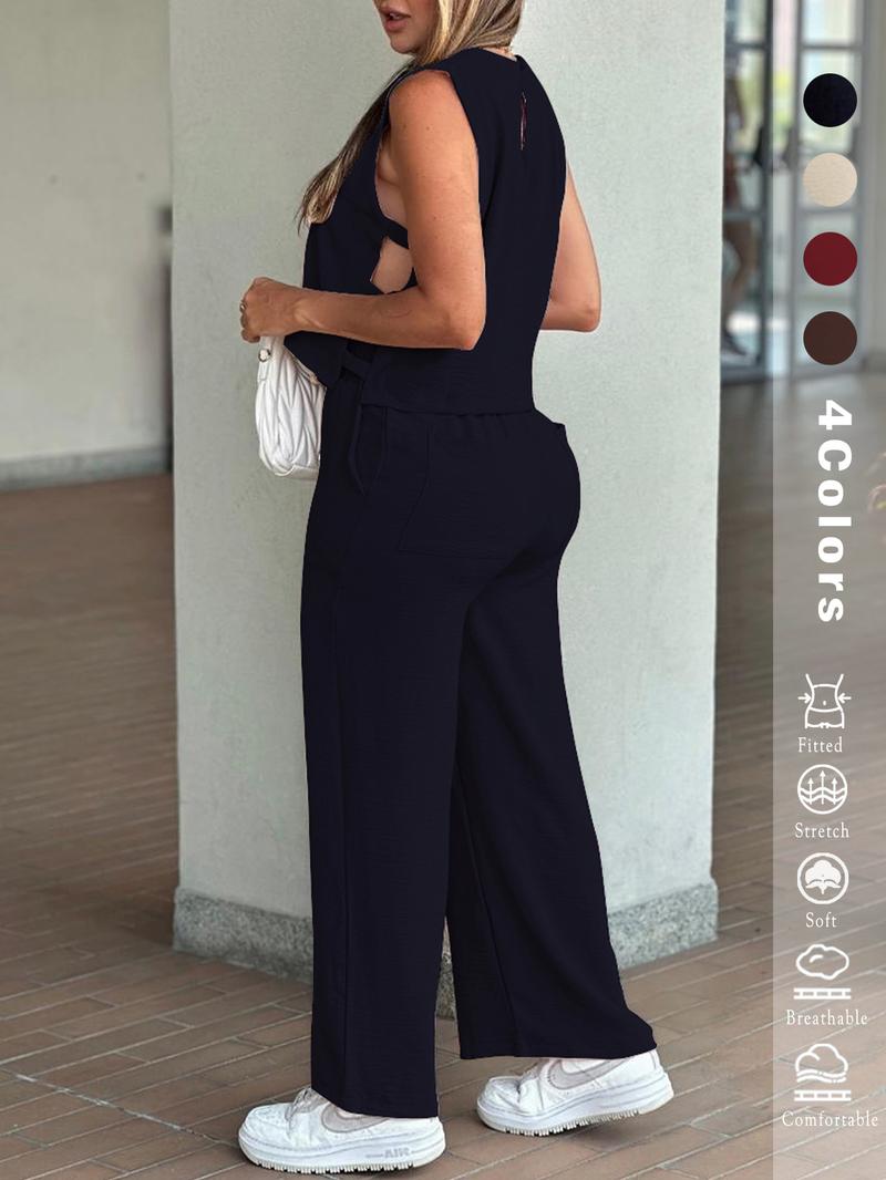 2025 Women's 2PCS Set - Sleeveless Side Cutout Top & Wide-Leg Pants | Loose Fit, Elastic Waist w/Pockets | OOTD for Spring/Summer/Autumn | Office, Commute & Daily | All Body Types | #Fashion2025 #WorkWardrobe #LoungeElegance