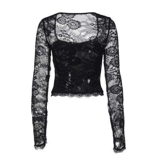 Women's Solid Color Lace Floral Spliced Ruffles Trim Sheer Long Sleeve Tee, Sexy Flower Pattern Designed Slim-fit T-shirt for Party Club Holiday, Ladies Summer Clothes, Top