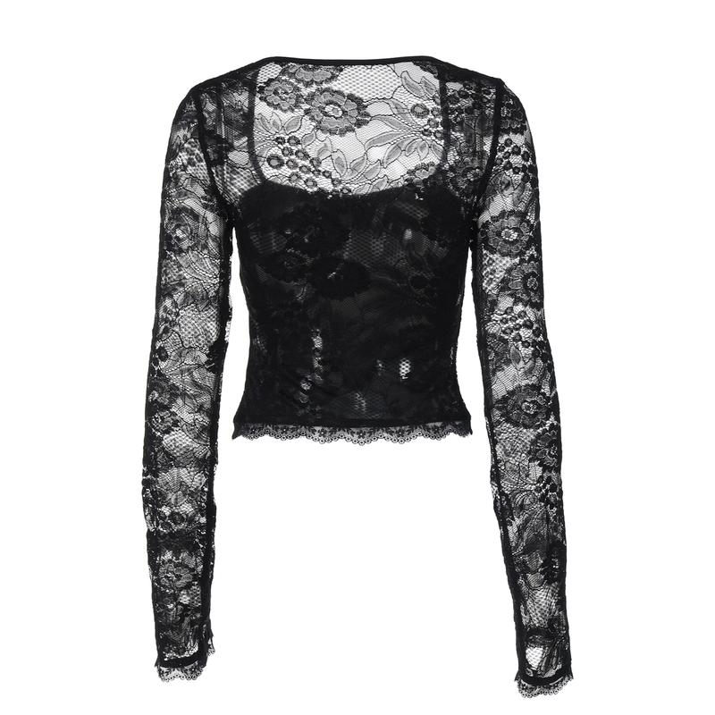 Women's Solid Color Lace Floral Spliced Ruffles Trim Sheer Long Sleeve Tee, Sexy Flower Pattern Designed Slim-fit T-shirt for Party Club Holiday, Ladies Summer Clothes, Top