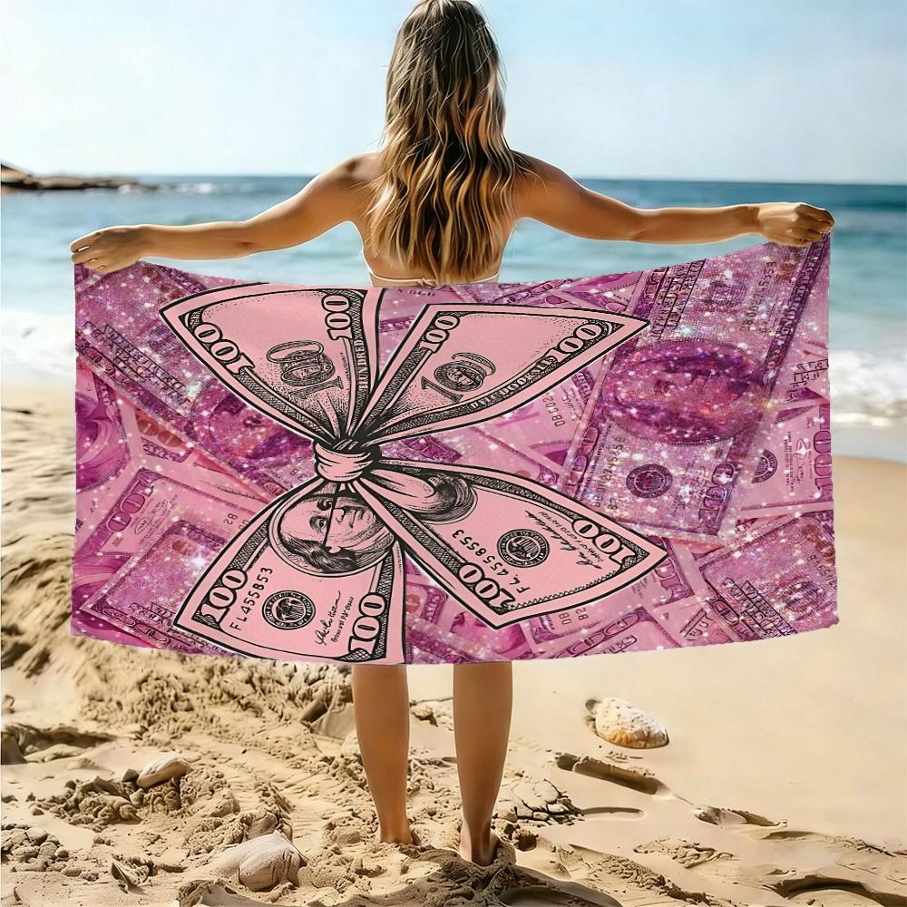 Printed Microfiber Beach Towel - Luxury Pink Dollar Bow Aesthetic Beach Towel - Soft & Absorbent Digital Print Microfiber Bath Towel for Pool, Travel, Yoga, and Vacation - Lightweight Multipurpose Oversized Towel for Summer Beach Days and Home Decor.