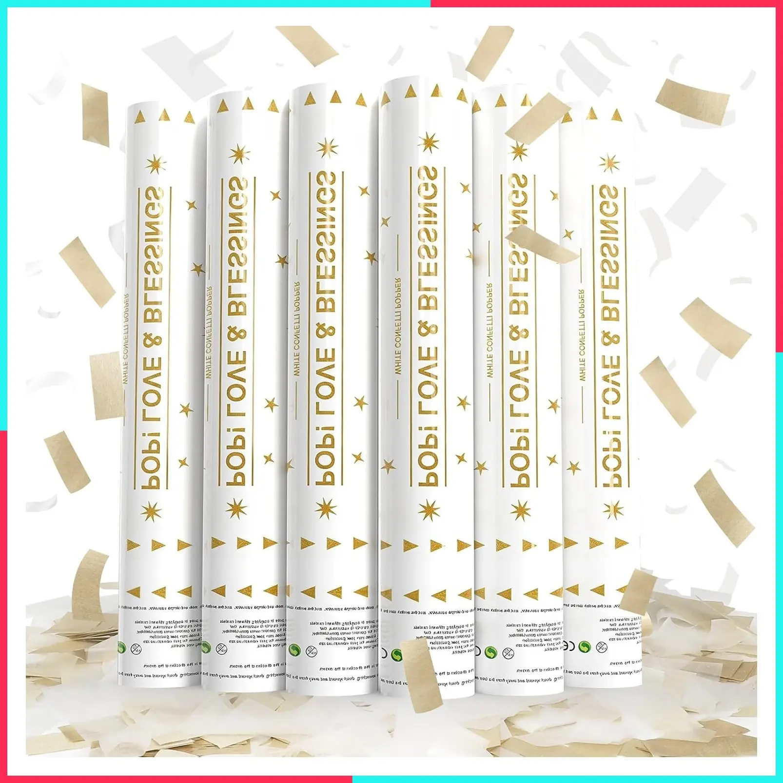 6 Pack White Mix Gold Confetti Poppers, Biodegradable Confetti Cannon