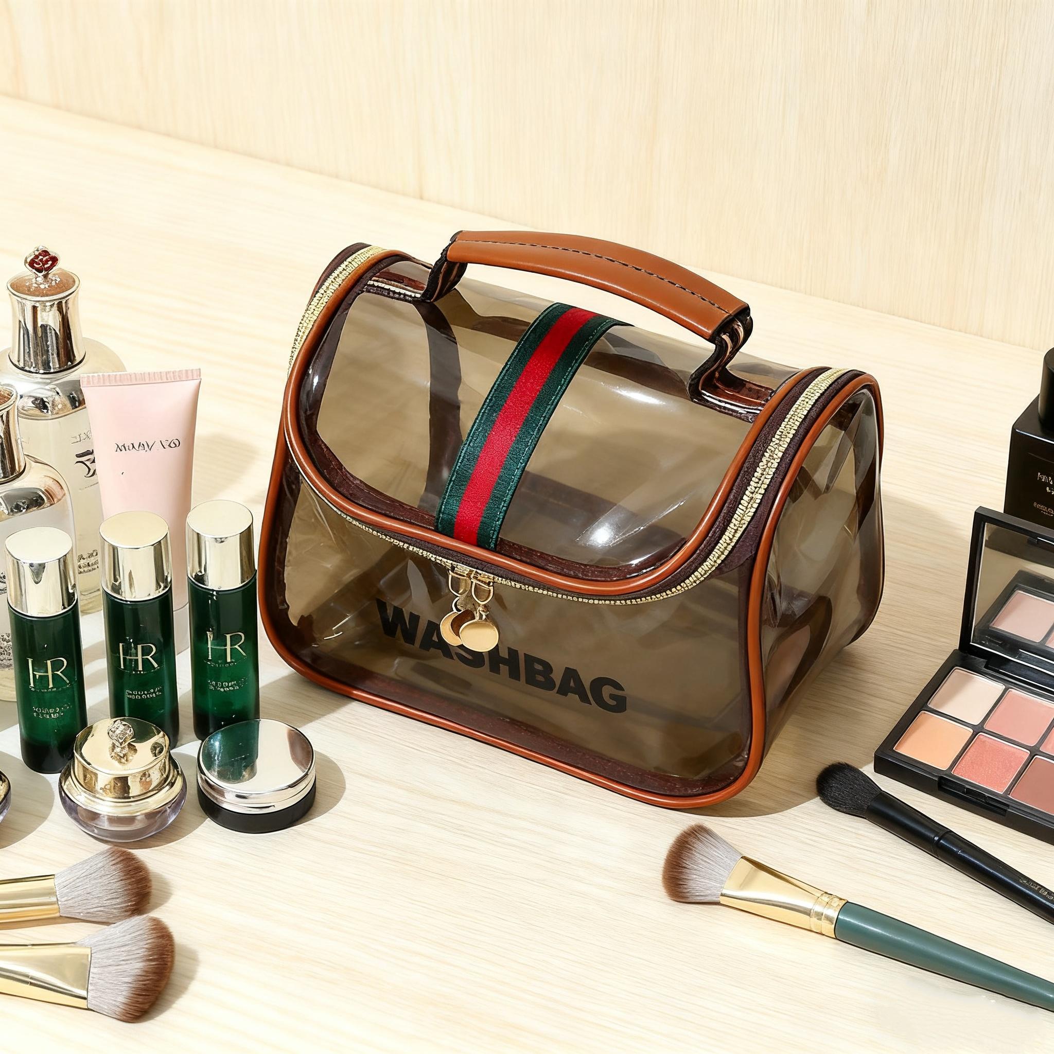 New Large Capacity Transparent Makeup Bag Vintage Luxury Style Portable Multi-Functional Storage Solution with Clear Material Retro Design Sturdy Tote Handles for Gym Swimming and Bathing