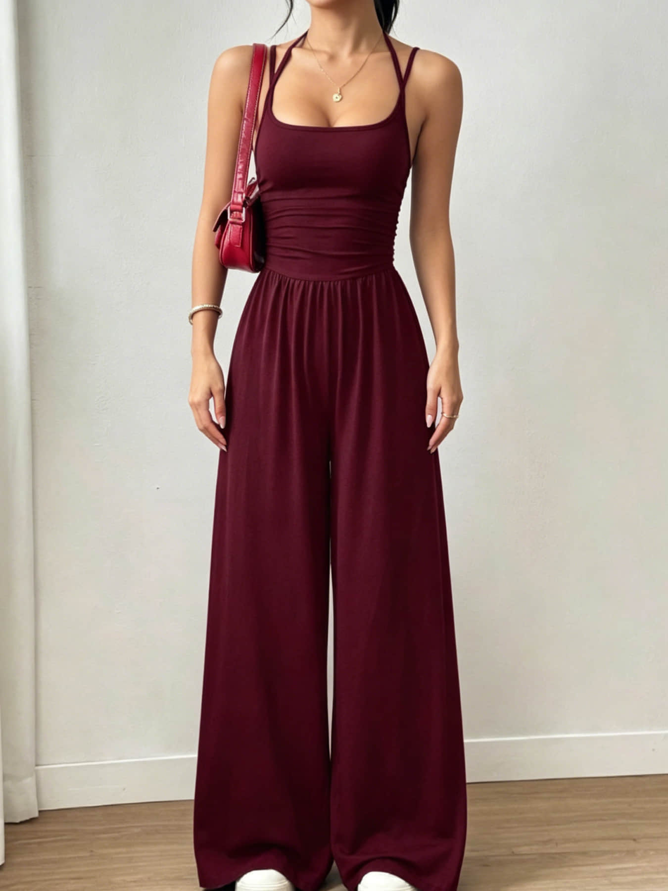 Summer New Fashion Women's Wear Design Double Fine Shoulder Strap One-Piece Wide Leg, Pleated Waist Design, Suitable for Commuting, Daily Wear, Vacation, Home, and Outdoor Adventures