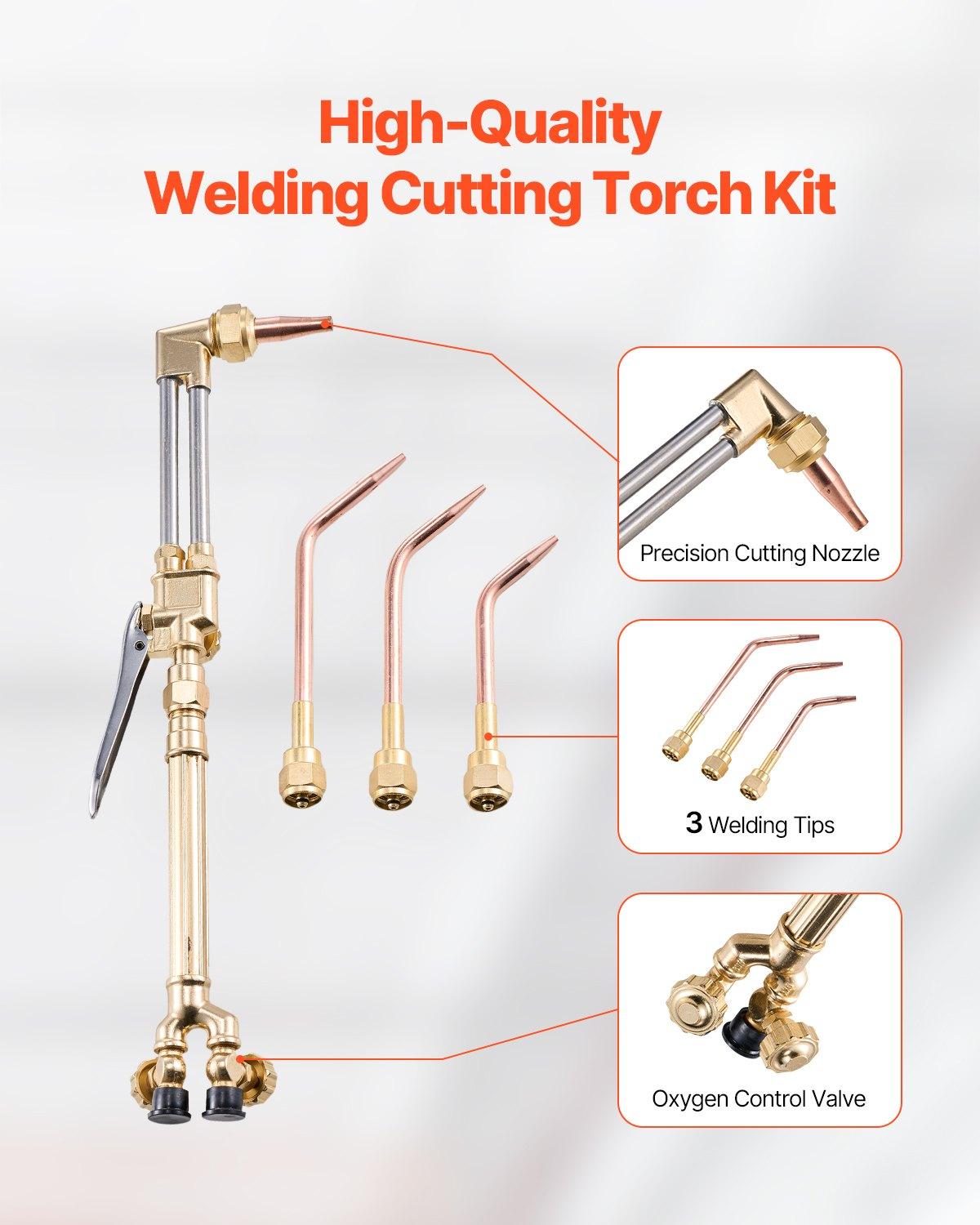 VEVOR Oxygen Acetylene Torch Kit, Gas Welding Cutting Torch Kit, 14PCS Portable Oxy Acetylene Brazing Set with 177'' Long Twin-Hose, Cutting Nozzle, 3 Welding Tips Carry Case (without Gas Cylinder)