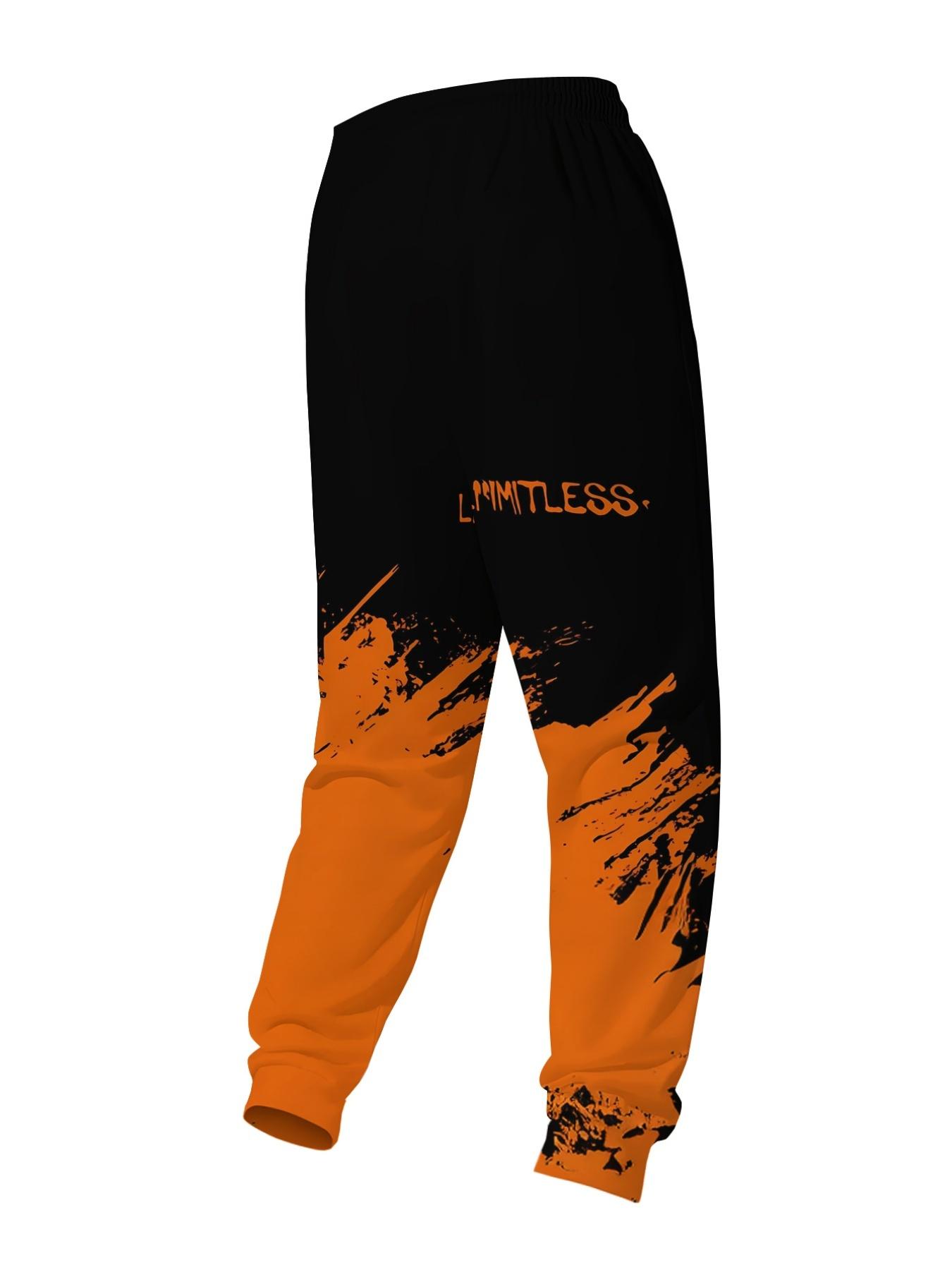 Stylish Men's Printed Track Pants with Gradient Orange Print, Drawstring and Pockets. Comfortable and Casual, Made of Stretch Polyester.