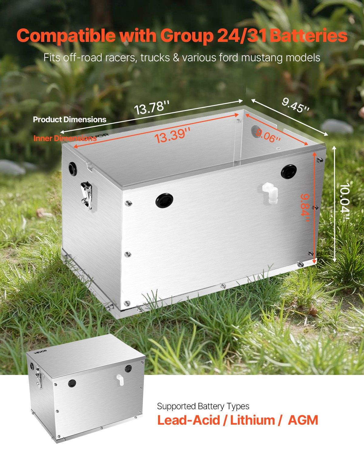 VEVOR Battery Box, Group 24/31 Trolling Motor Battery Box, Marine Batteries Case with Rubber-Grommet Cable Holes, Aluminum Alloy Shell Storage Case, Easy Installation, for Off-Road Racers, Trucks