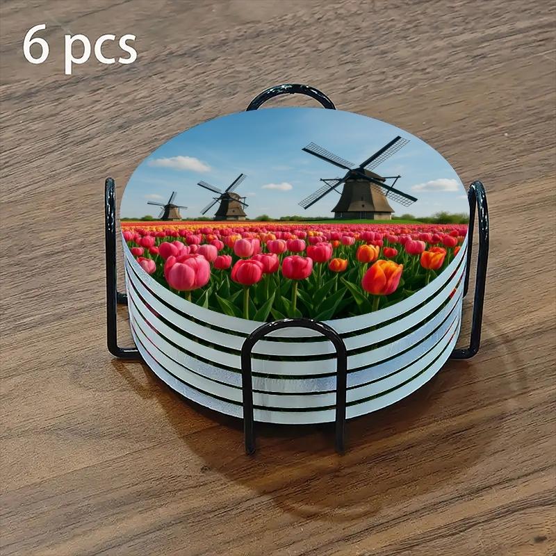 6-Piece Coaster Set Windmill Tulip Design Ceramic Non-Slip Heat Resistant for Coffee & Drinks Home Restaurant Decor Ideal Gift