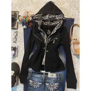 Subculture Y2k Leopard Print Patchwork Hoodie Autumn New Hot Girl Fake Two Piece Tops 2025 High Street Vintage Long Sleeve Coat