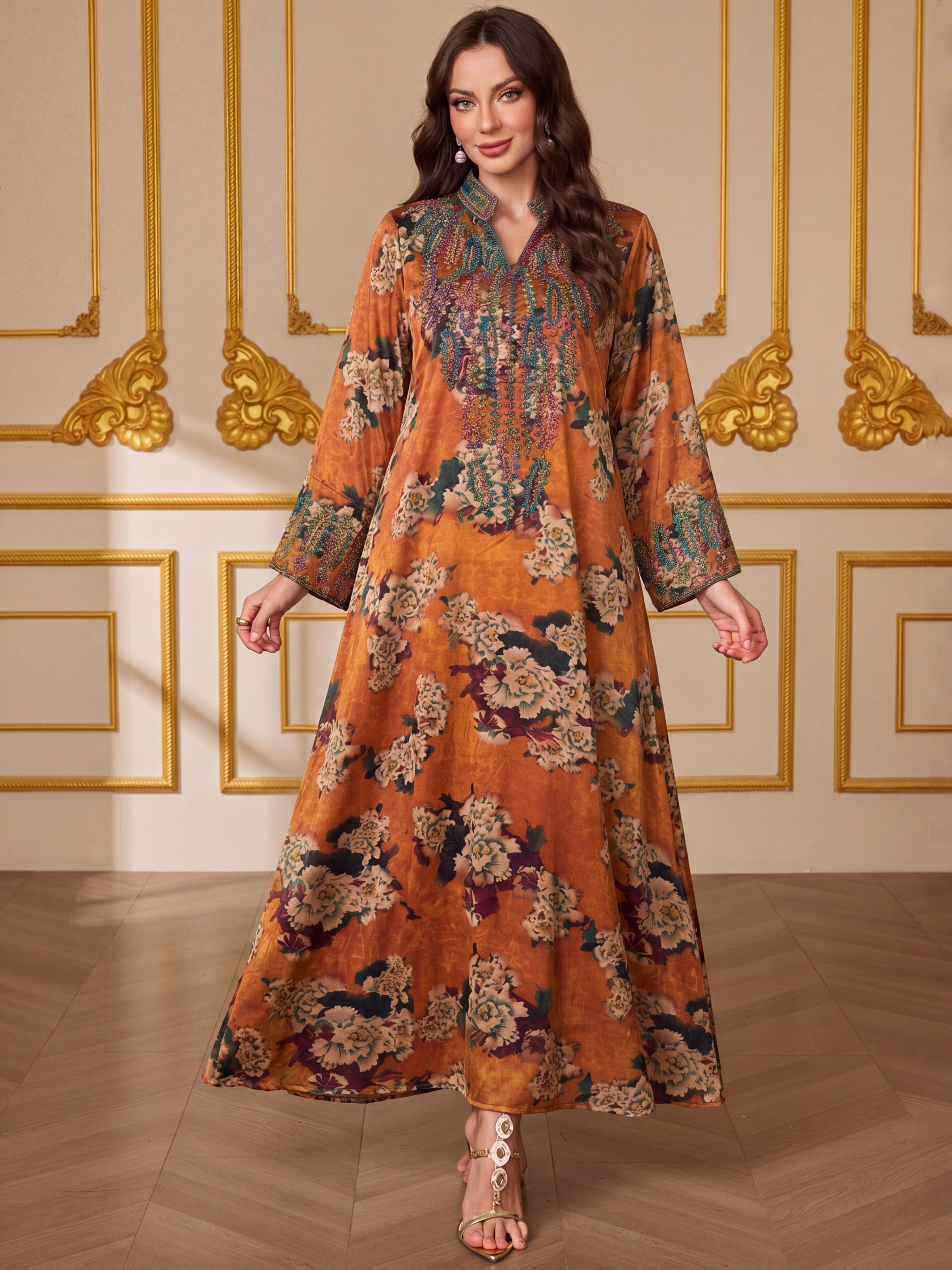 Middle Eastern Muslim Fashion Abaya, V-Neck Embroidered Ethnic Long Sleeve Islamic Embroidery Abaya Dress, Modest Style, All Seasons Fitted Glossy Fabric, 103375 Model