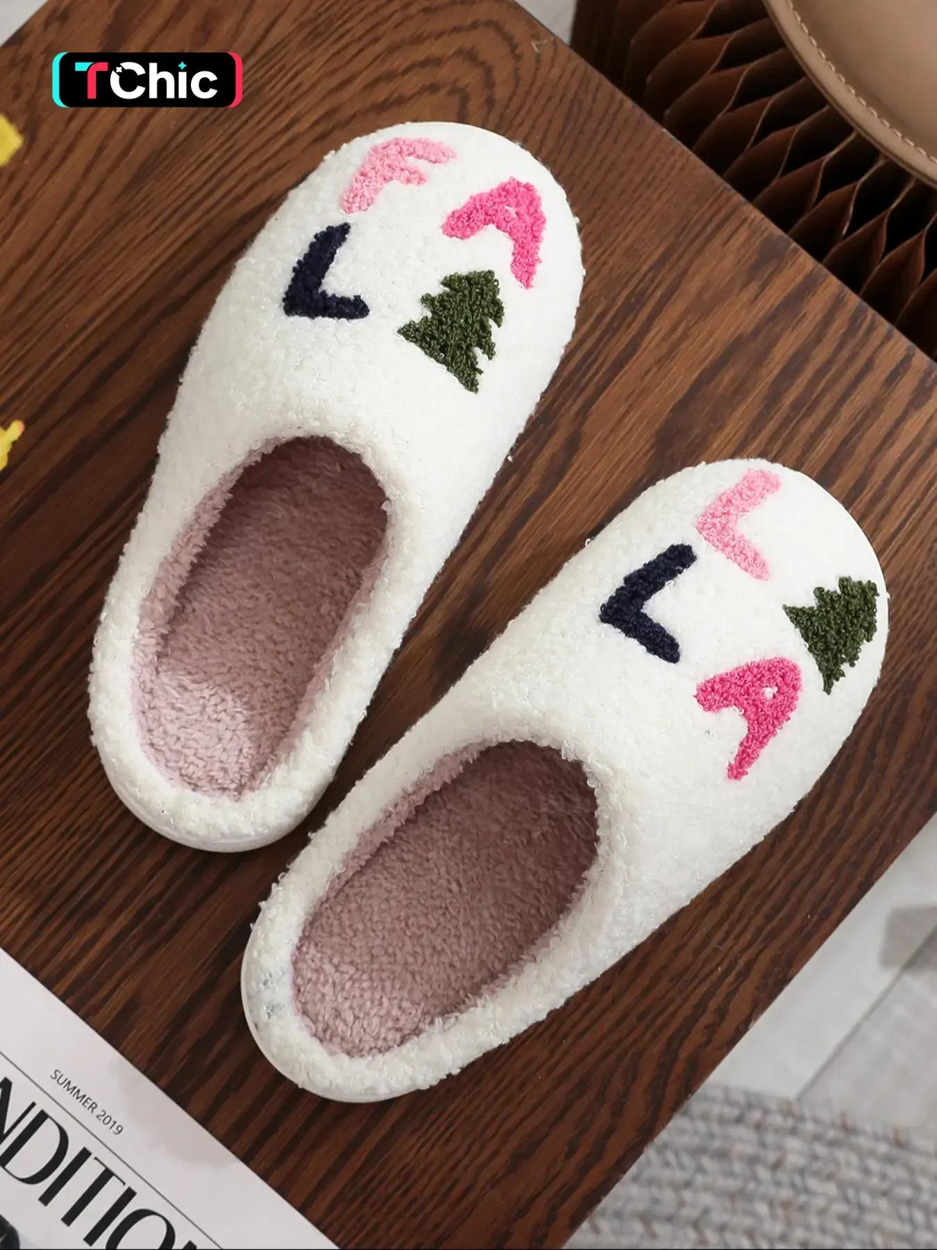 Soft Comfortable Plush Christmas Home Slippers,Cozy Falala Embroidery Design, Unisex Indoor Outdoor Warm Non-Slip Shoes, Fall Winter Gift Idea, Footwear