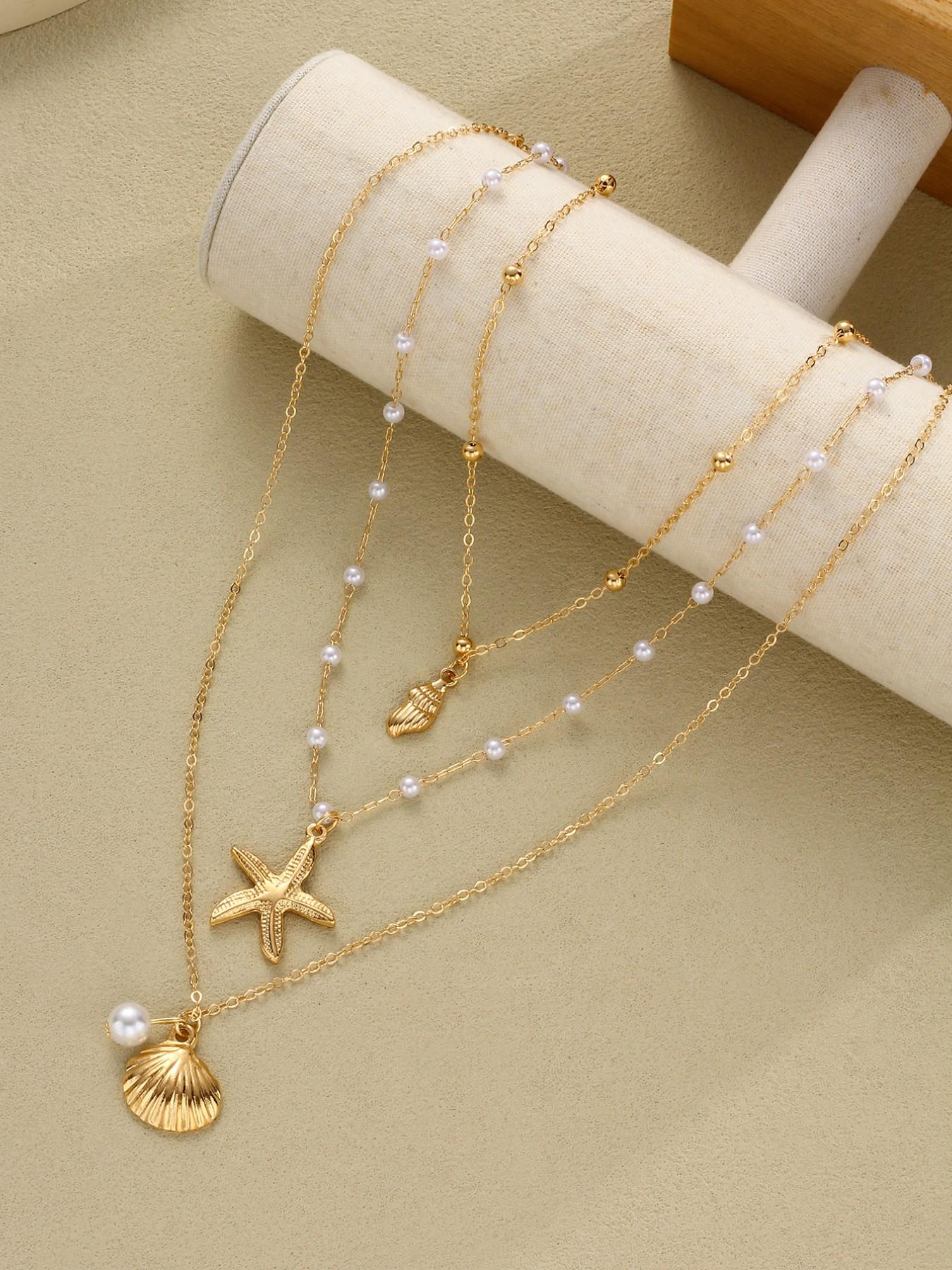 3-Piece Women's Fashion Pendant Necklace Set, Luxurious Boho Style, Pearl Star Design, Perfect for Daily Wear, Parties, Gifts