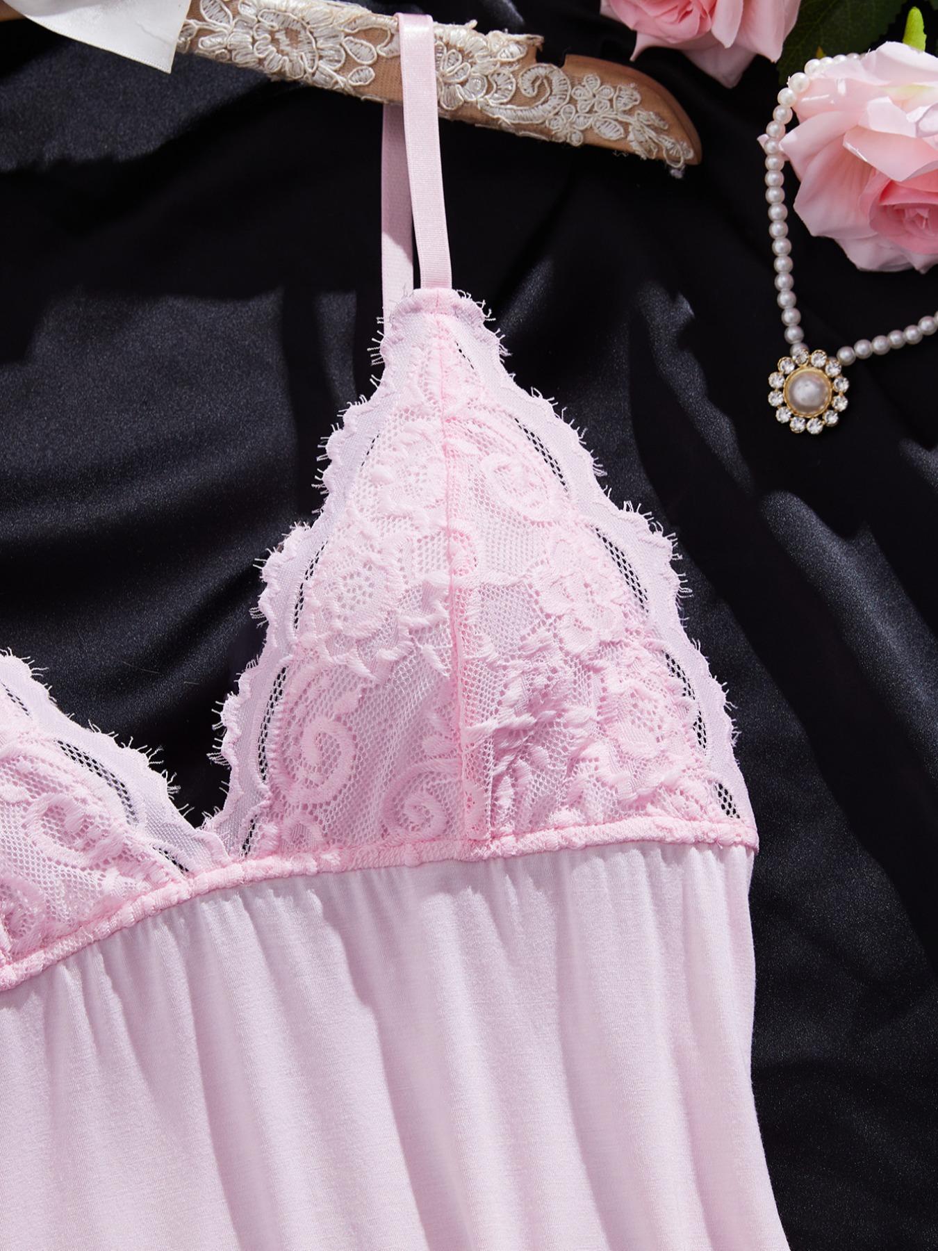 Women's Elegant Lace Deep V Slim Fit Strap Dress Nightwear, Plain Pattern, Fitted Style, Moderate Fabric Thickness, All Seasons Wear