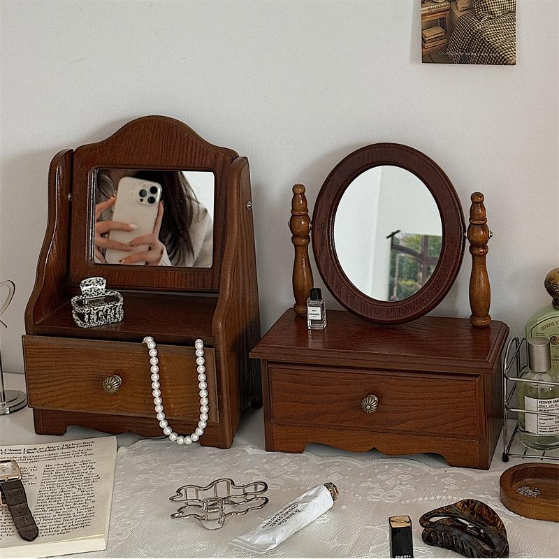 Rotatable Makeup Mirror Desktop Organizer Box, French Vintage Wooden Vanity Storage, Bedroom Desk Accessory, Unframed Edge Grinding Design