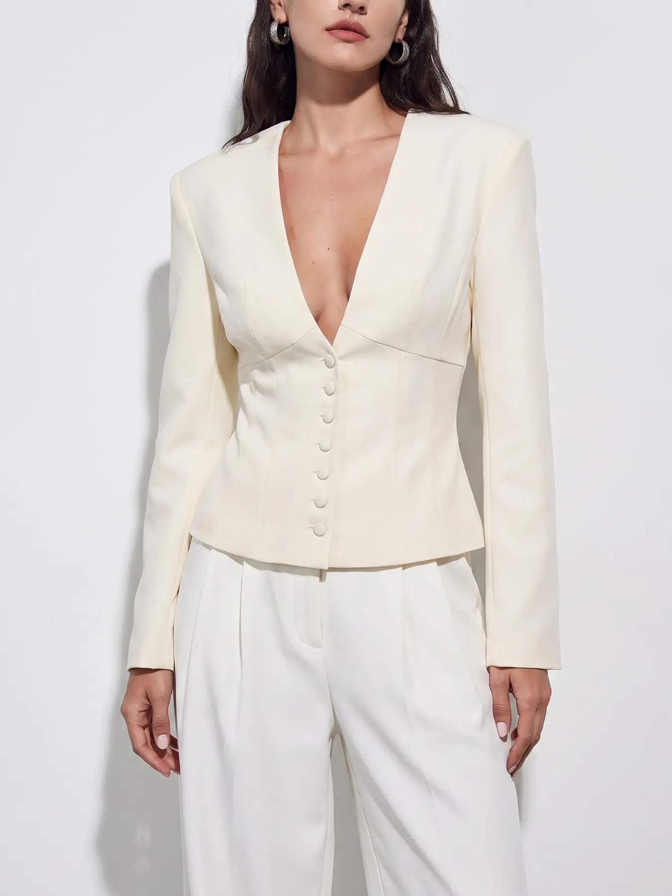 Women's Deep V Neck Waist Cinch Suit Style Fitted Jacket, Button Closure, Long Sleeve, Office Party Coat, Hip-Length