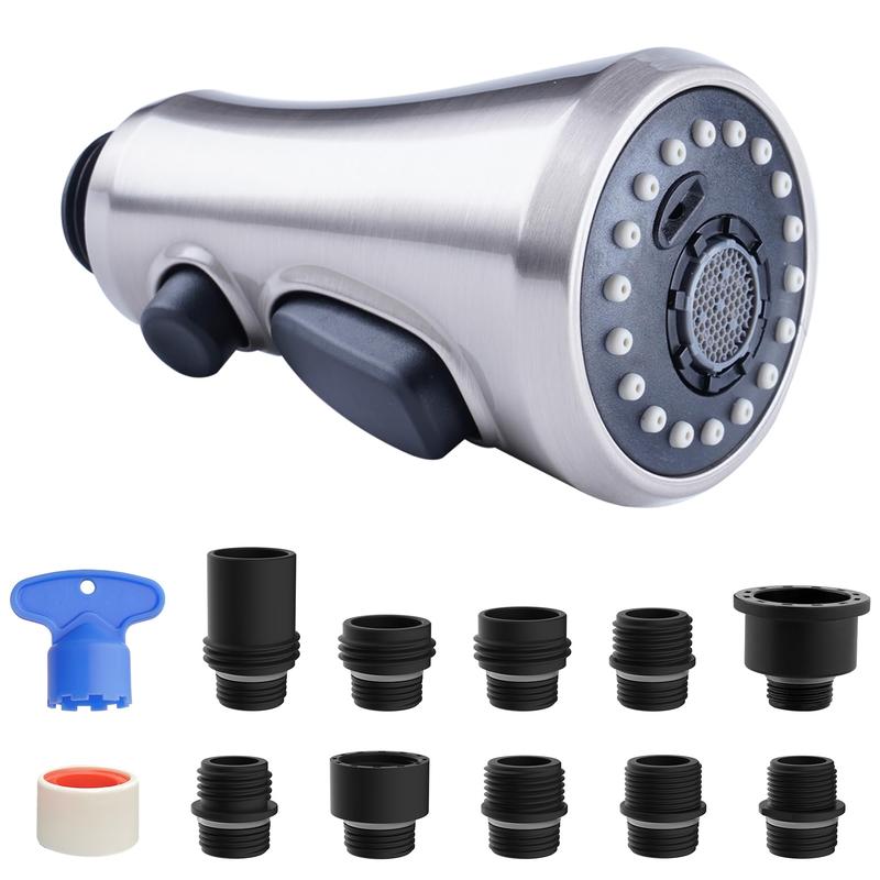 Hibbent Pull Down Spray Head for Kitchen Faucet, 3-Function Sink Spray Nozzle with 15 Adapters, Faucet Head Replacement Compatible with Moen, American Standard, Delta, Kohler Faucets, Brushed Nickel