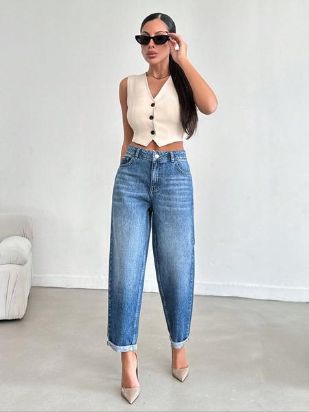 OBLue Jeans Retro High Waist Straight Leg Jeans for Women, Loose Fit with Rolled Hem for Slim Look and Style, High Waisted Denim