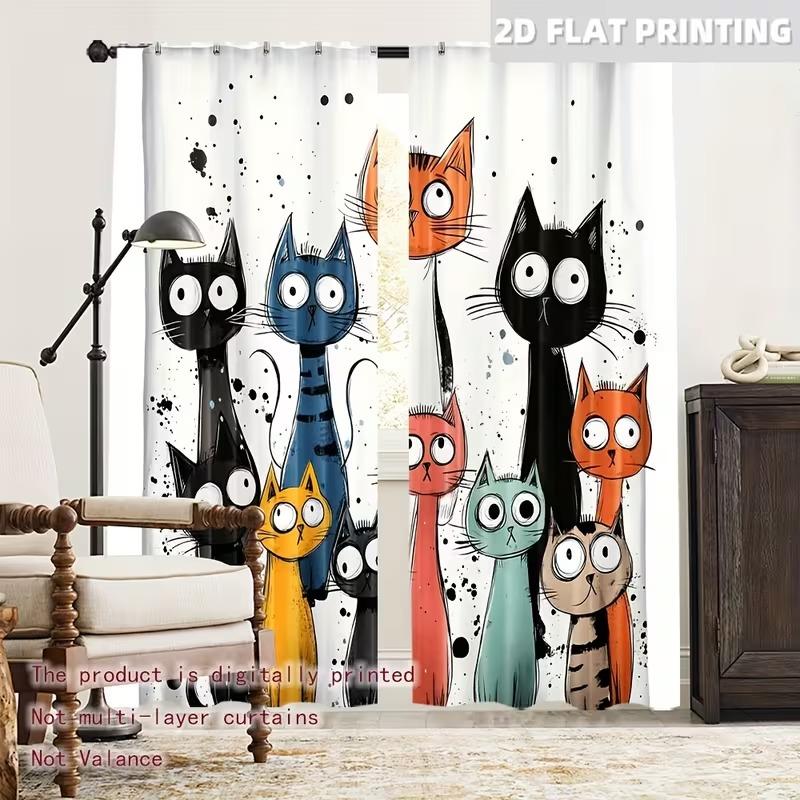 Whimsycat Light Filtering Curtains Set, Durable Polyester Material, Colorful Cartoon Cat Design, Easy Pole Pocket Hanging, Ideal for Bedroom Office Kitchen Living Room Study