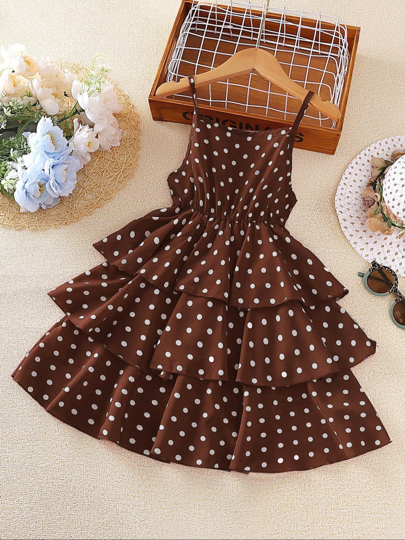 Girls' Polka Dot Halter Ruffle Hem Dress with Layered Design, Elastic Waist Summer Fashion, Casual Wear for Beach Vacation, Summer Clothes Dress