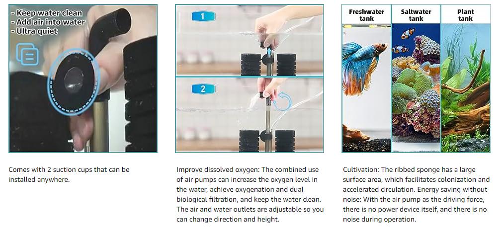 hygger Sponge Filter, Aquarium Filter Double Sponge Replaceable Media with 4 Biochemical Sponges and 1 Bag of Filtered Ceramic Balls Ultra Quiet Filter Fish Tank (S/M)