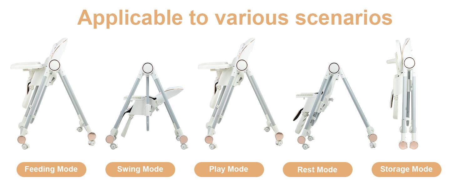 Baby High Chair,High Chairs for Babies and Toddlers,Adjustable 2-in-1 Baby High Chair and Swing Chair ,Portable Highchair for 0-6 Years/ Locking Wheels/Double Trays/Detachable PU Cushion