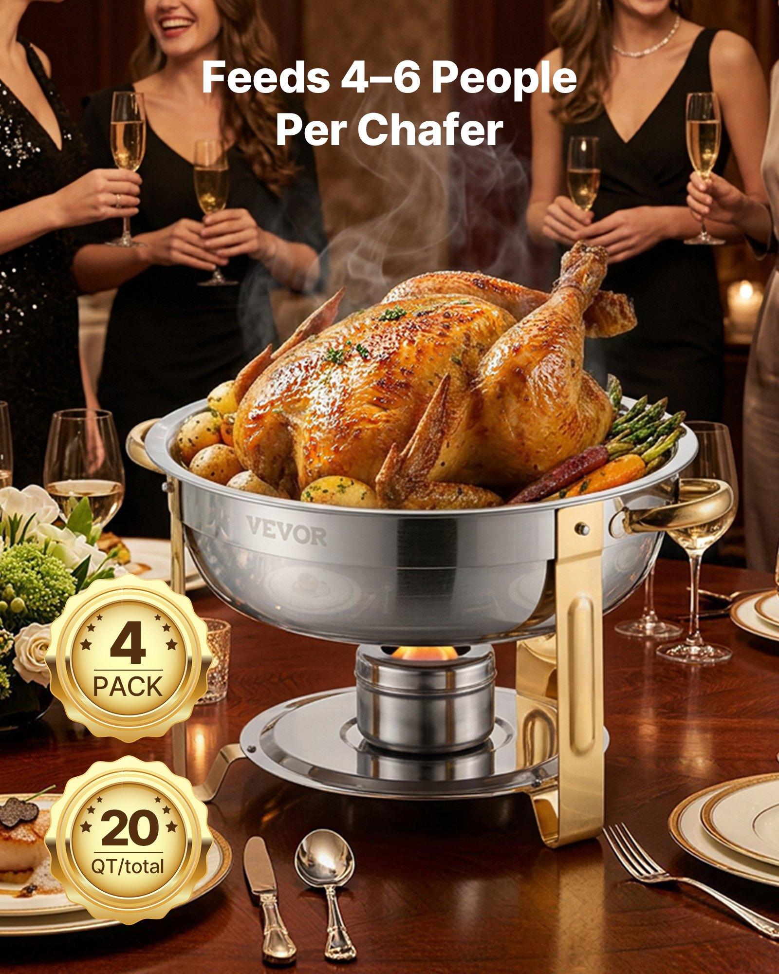 VEVOR 4-Piece Round Shape Stainless Steel Buffet Set, 5 Qt Full Size Stainless Steel Pans, Glass Lids, Water Pans, Folding Stands, Fuel Holders, Gold Catering Warmers for Wedding, Banquet