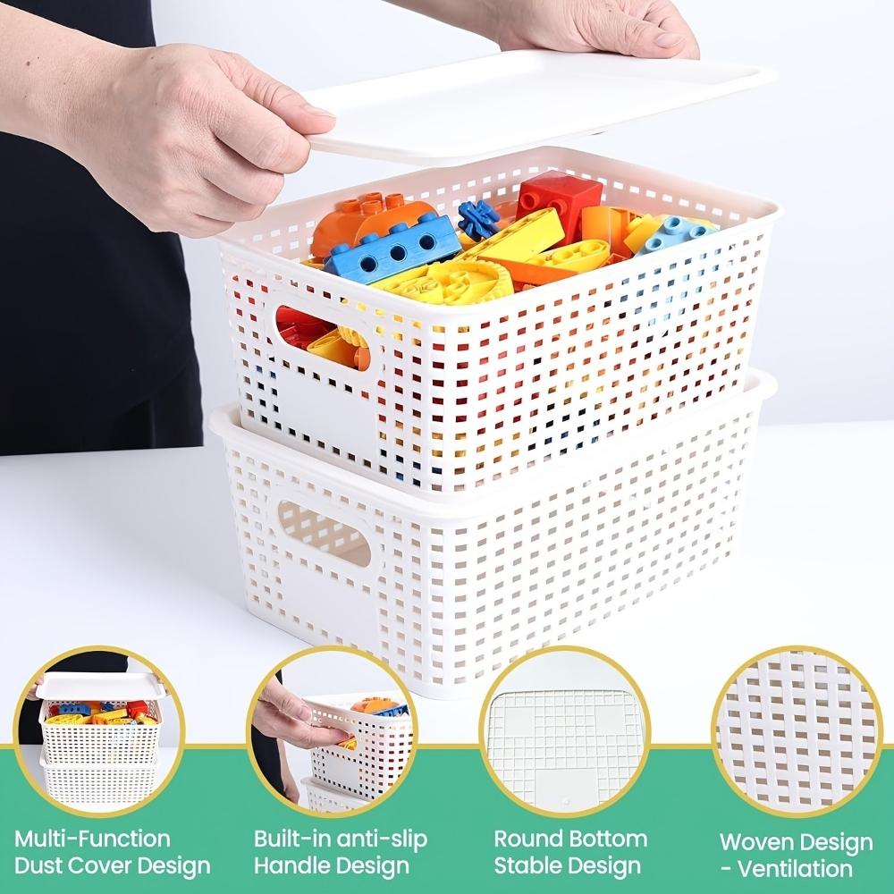 6-Piece Set of Plastic Storage Baskets with Lids (Black/White/Gray) — Stackable Decorative Organizer Bins for Shelves, Drawers, Desktops, Closets, Playrooms, Classrooms, and Offices