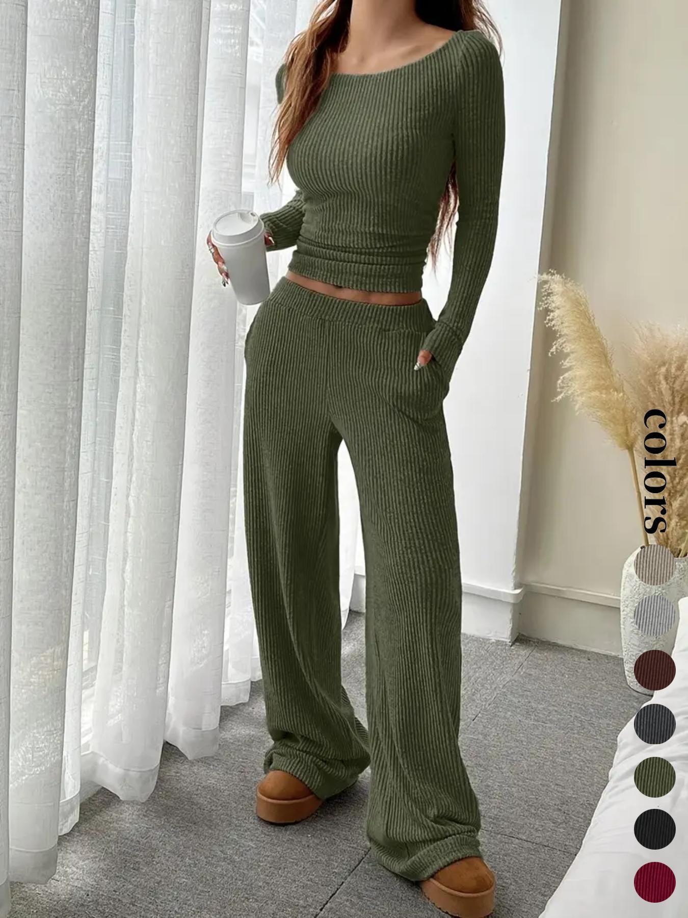 Women's Casual Striped Long Sleeve Top & Loose Pocket Pants Set, European Style Womenswear, Comfortable for Daily Wear
