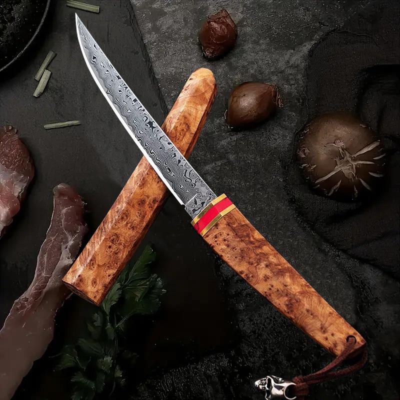 High quality Damascus steel kitchen steak knife with wooden sheath suitable for home kitchen camping barbecue, creative gift for men