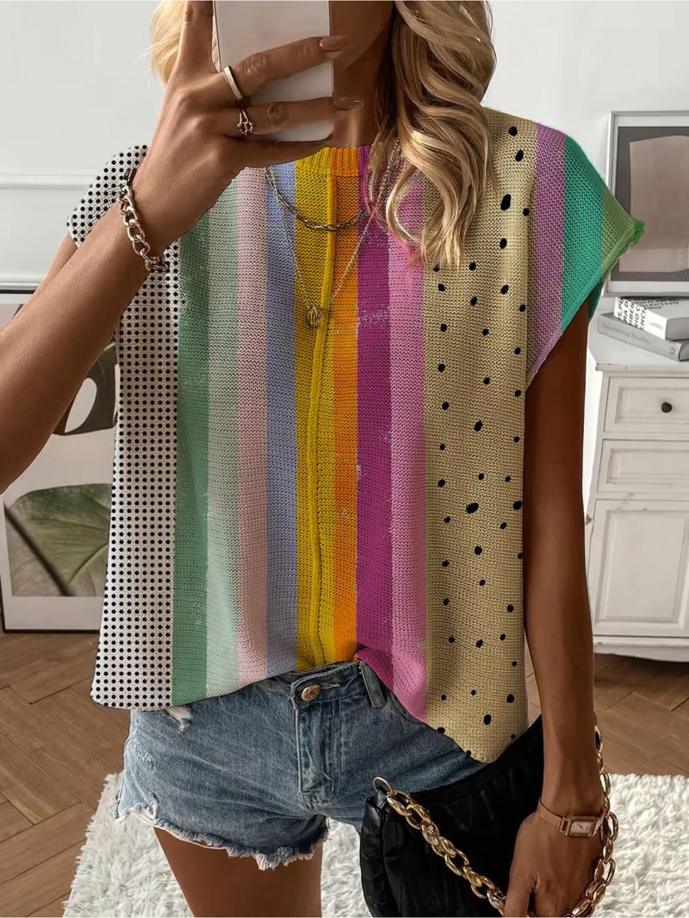 Spring/Summer crew neck drop-shoulder loose fit contrast stripe splicing print short-sleeve women's knit top, vacation style, casual elegant commute, ladies short-sleeve knit top, bikini cover-up.