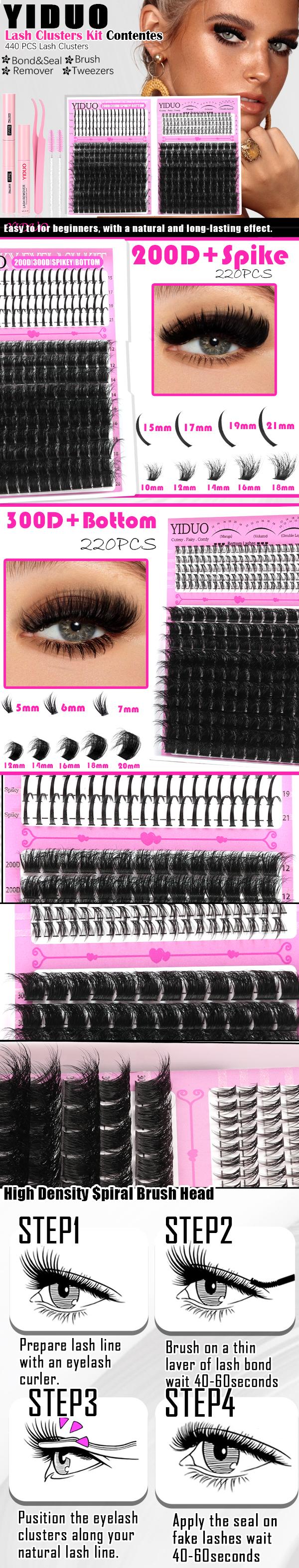 4 Styles Lash Clusters Kit 200D/300D/Bottom/Spike Lashes Clusters Kit 5-20mm Cluster Eyelash Extension Kit 440 Pcs D-Curl With Lash Bond and Seal, Lash Remover，Lash Tweezers,Eyelash Brush DIY at Home Easily Eyelash Set