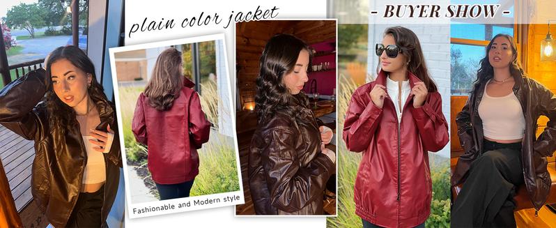 Goranbon Womens Oversized Leather jacket Lapel Bomber Coat Classic Casual Zip Up Warm Fall Winter Clothing Faux Elegance