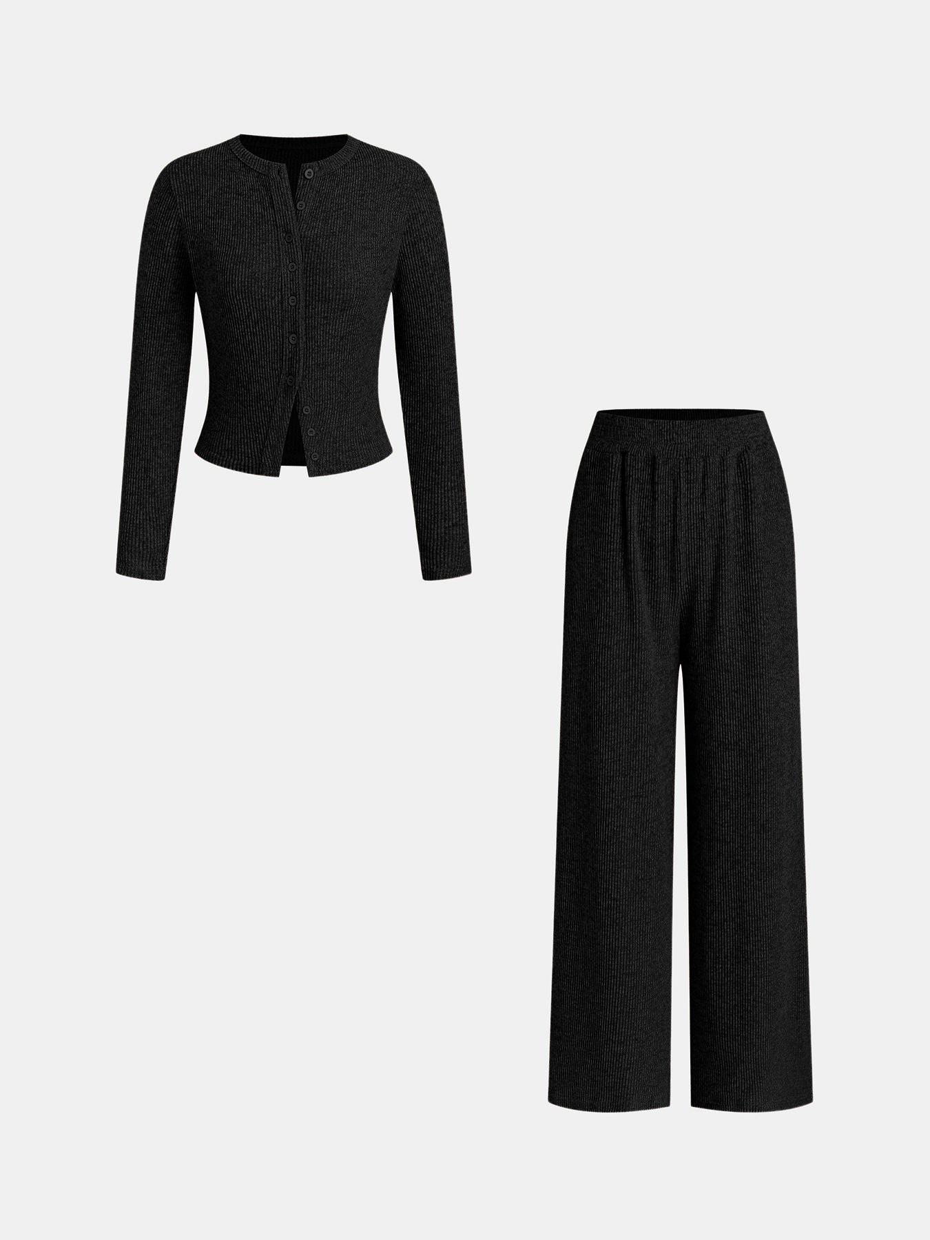 Women's Autumn Winter 2-Piece Set, Casual Aesthetic Round Neck Knitted Cardigan with Buttons & Loose-Fit Pants